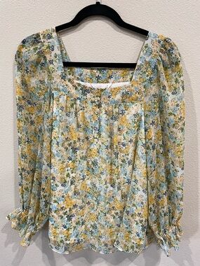 LC Lauren Conrad Yellow & Blue Floral Square-Neck Blouse